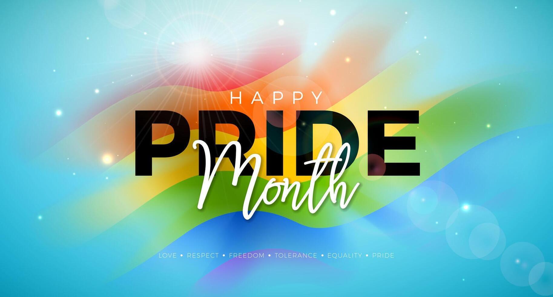 Happy Pride Month LGBTQ Illustration with Typography Lettering and Rainbow Flag Pattern on Sky Blue Background. Love is Love Human Rights or Diversity Concept. LGBT Event Banner Design for vector