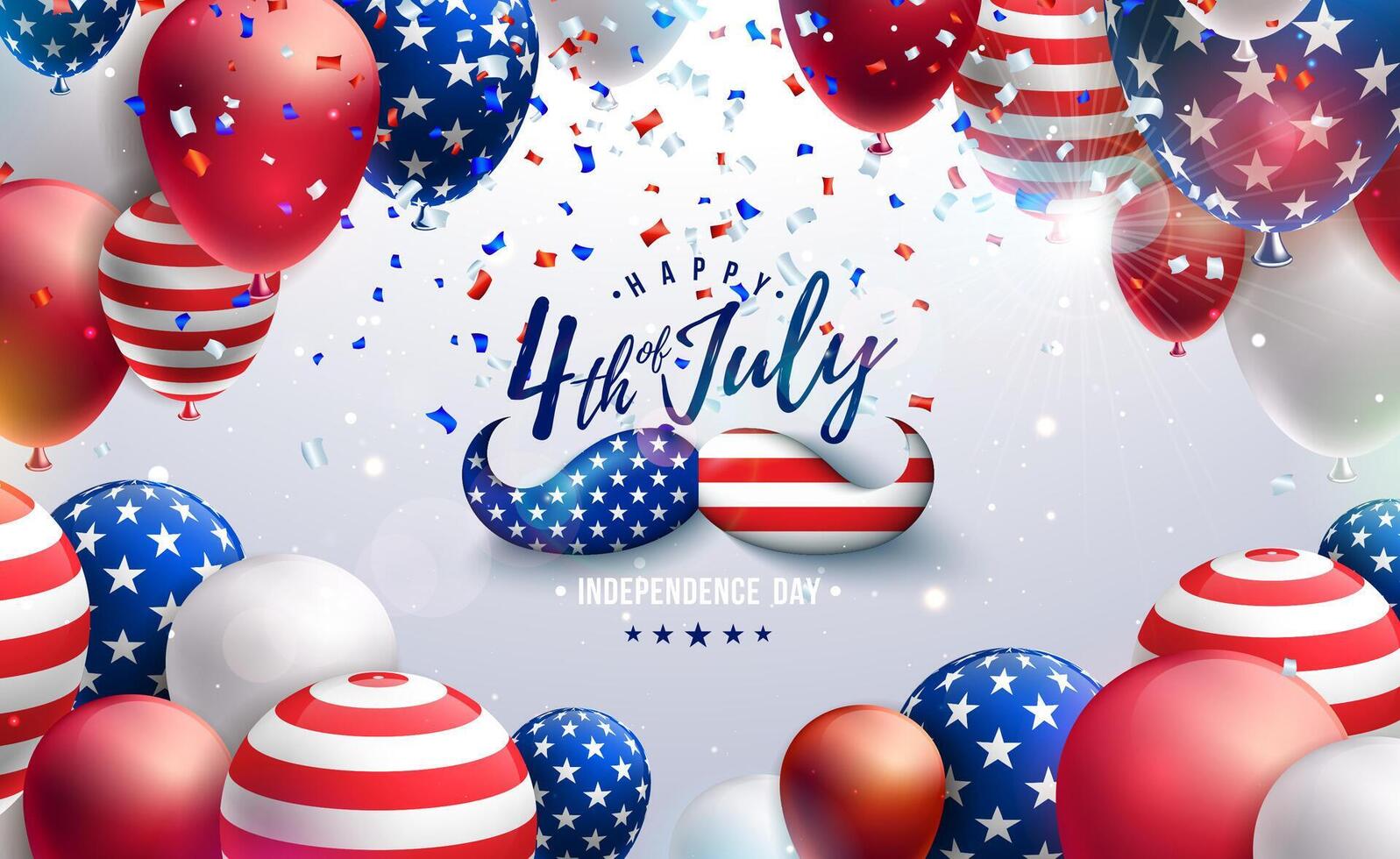 4th of July Independence Day of the USA Illustration with Mustache. American Flag Pattern Party Balloon and Falling Confetti on Dark Blue Background. Fourth of July National Celebration Design vector