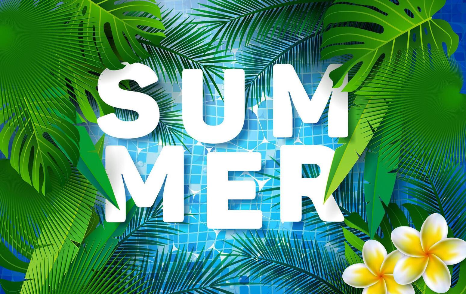 Summer Holiday Illustration with Water in the Tiled Pool Background and Flower. Summer Time Design with Tropical Plants and Palm Leaves for Banner, Flyer, Invitation, Brochure, Poster or Greeting Card vector