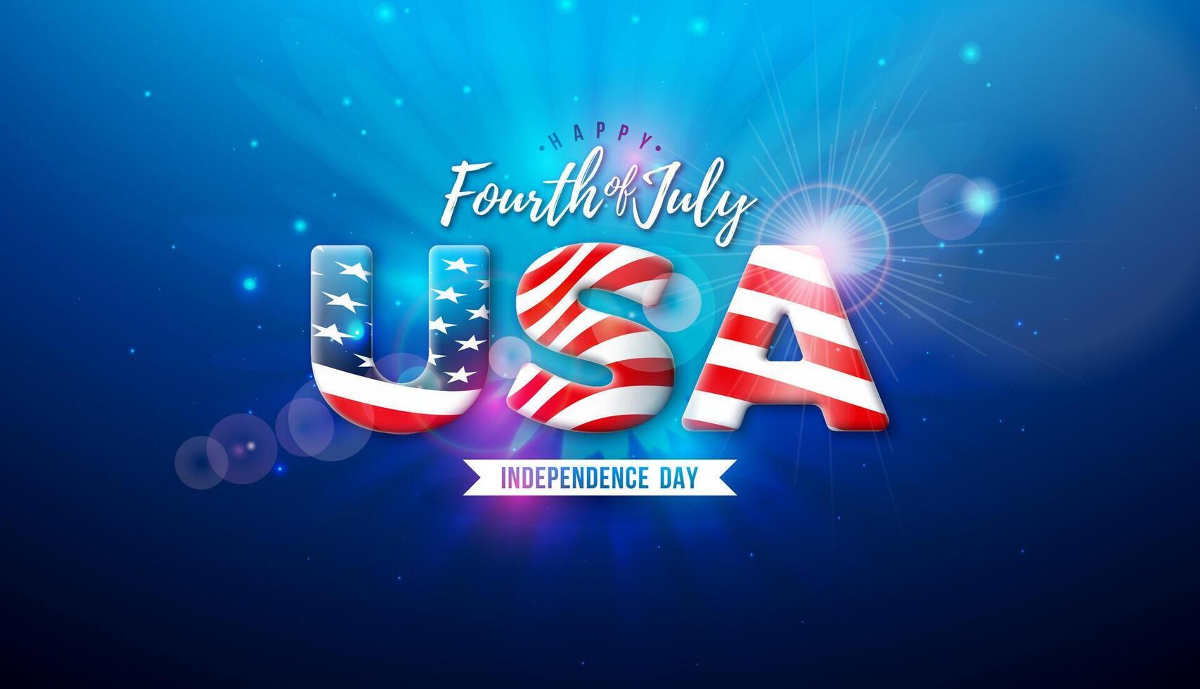 4th of July Independence Day Illustration with American Flag in 3d USA Text Label on Night Blue Background. Fourth of July National Celebration Design with Typography Letter for Banner vector