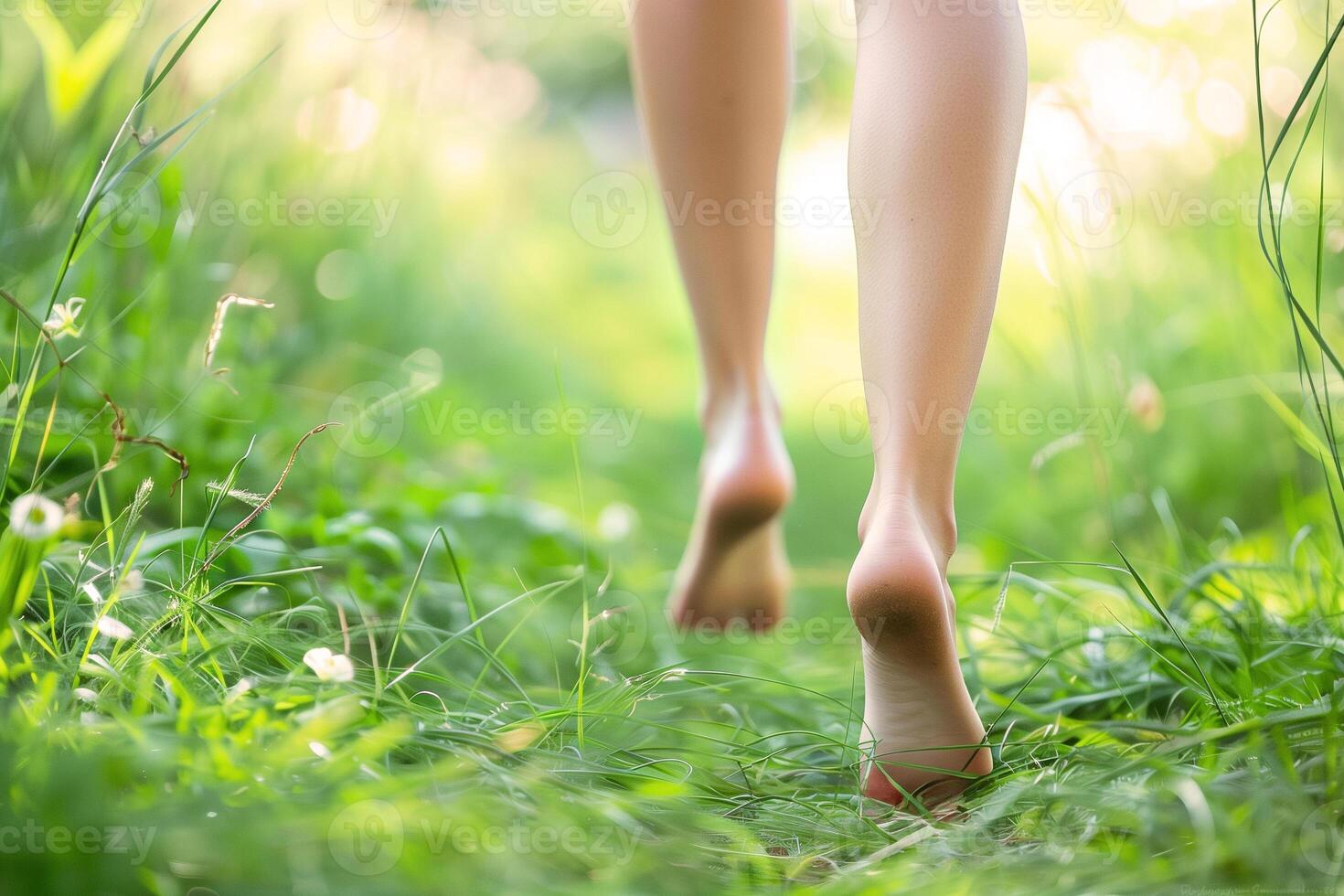 legs and feet of barefoot woman running through grass photo