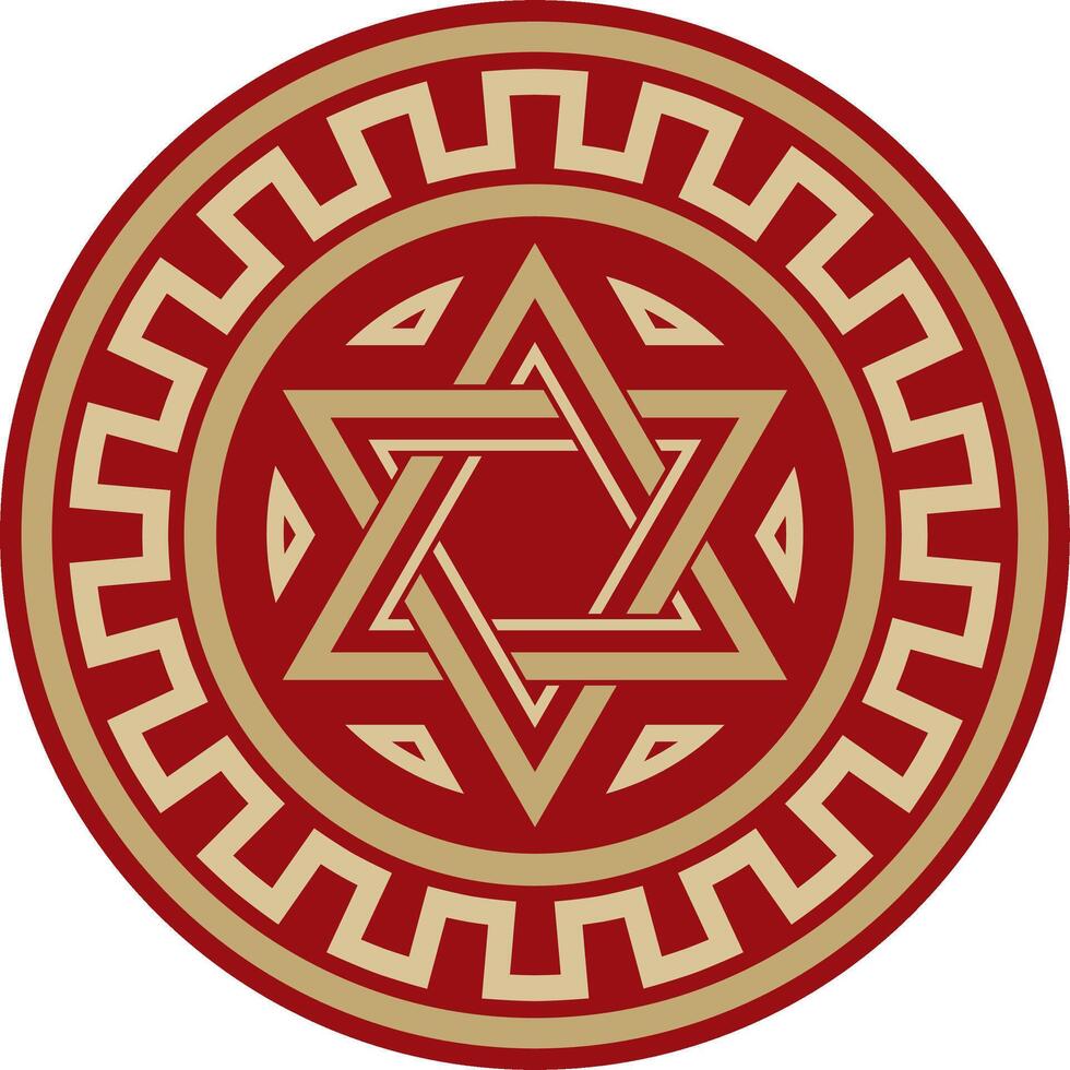 round gold with red jewish national ornament. Star of David. Semitic folk circle, pattern. Israeli ethnic sign, ring vector