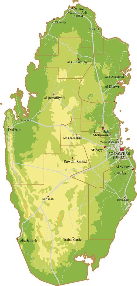 physical map of Qatar. Mountains and plains of the Asian state. Territory with borders of regions and roads. vector