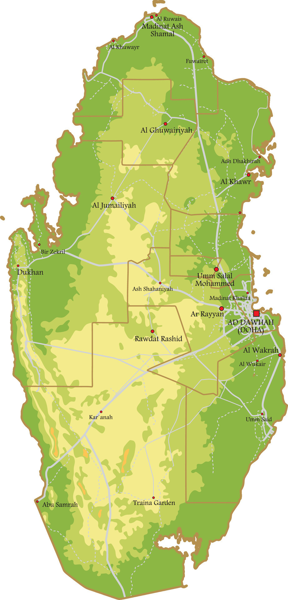 Physical Map Of Qatar Mountains And Plains Of The Asian State Physical Map Of Qatar Mountains And Plains Of The Asian State Territory With Borders Of Regions And Roads Vector