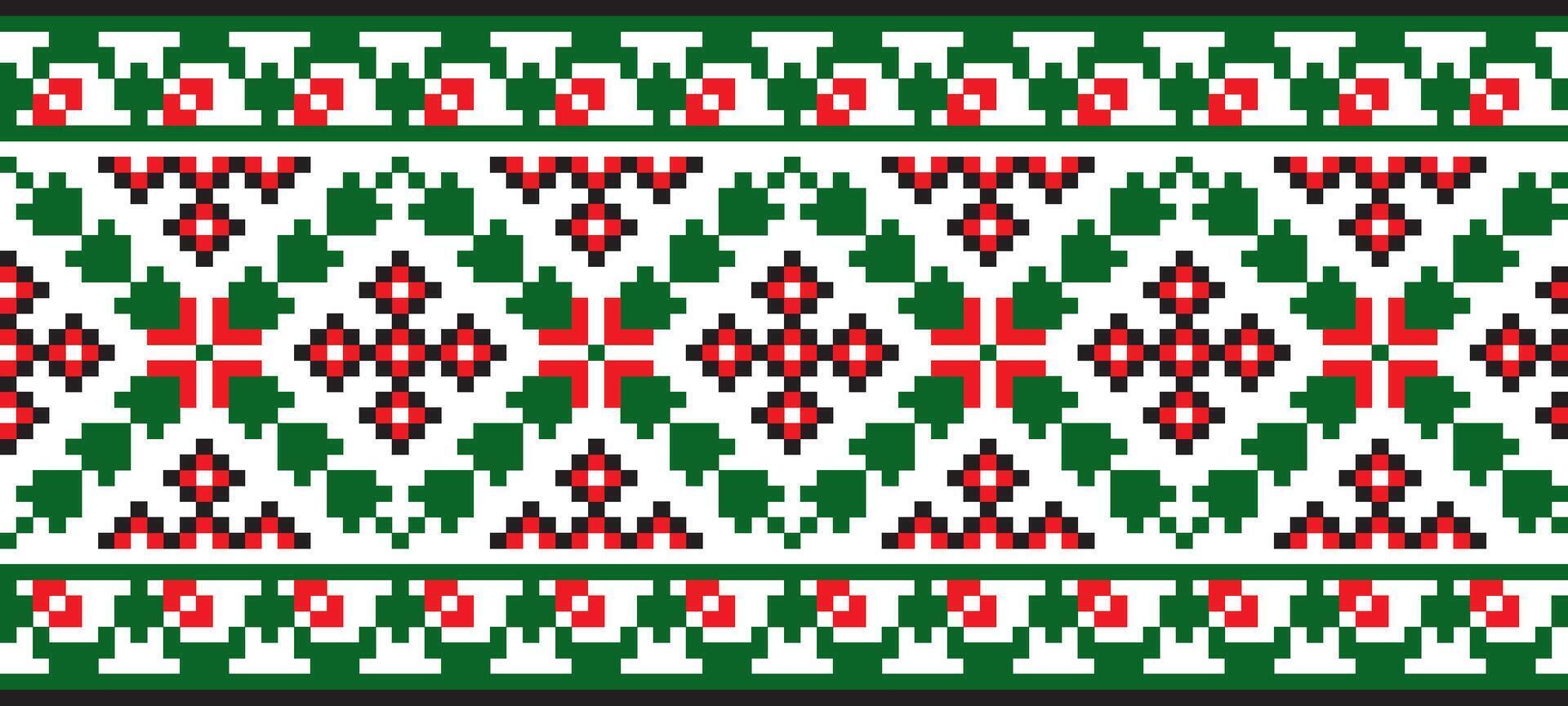 colored seamless Ukrainian national ornament, embroidery. Endless ethnic floral border, Slavic peoples frame. Red cross stitch. vector
