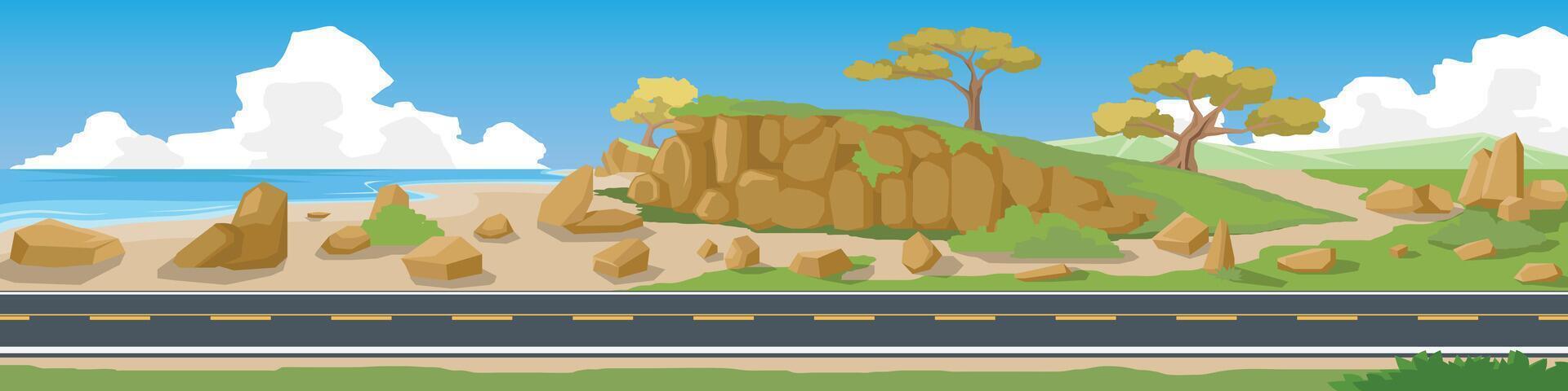 Horizontal view of Asphalt road. Coastal area lined with hills and rocks. background of mountain under blue sky and white clouds. vector