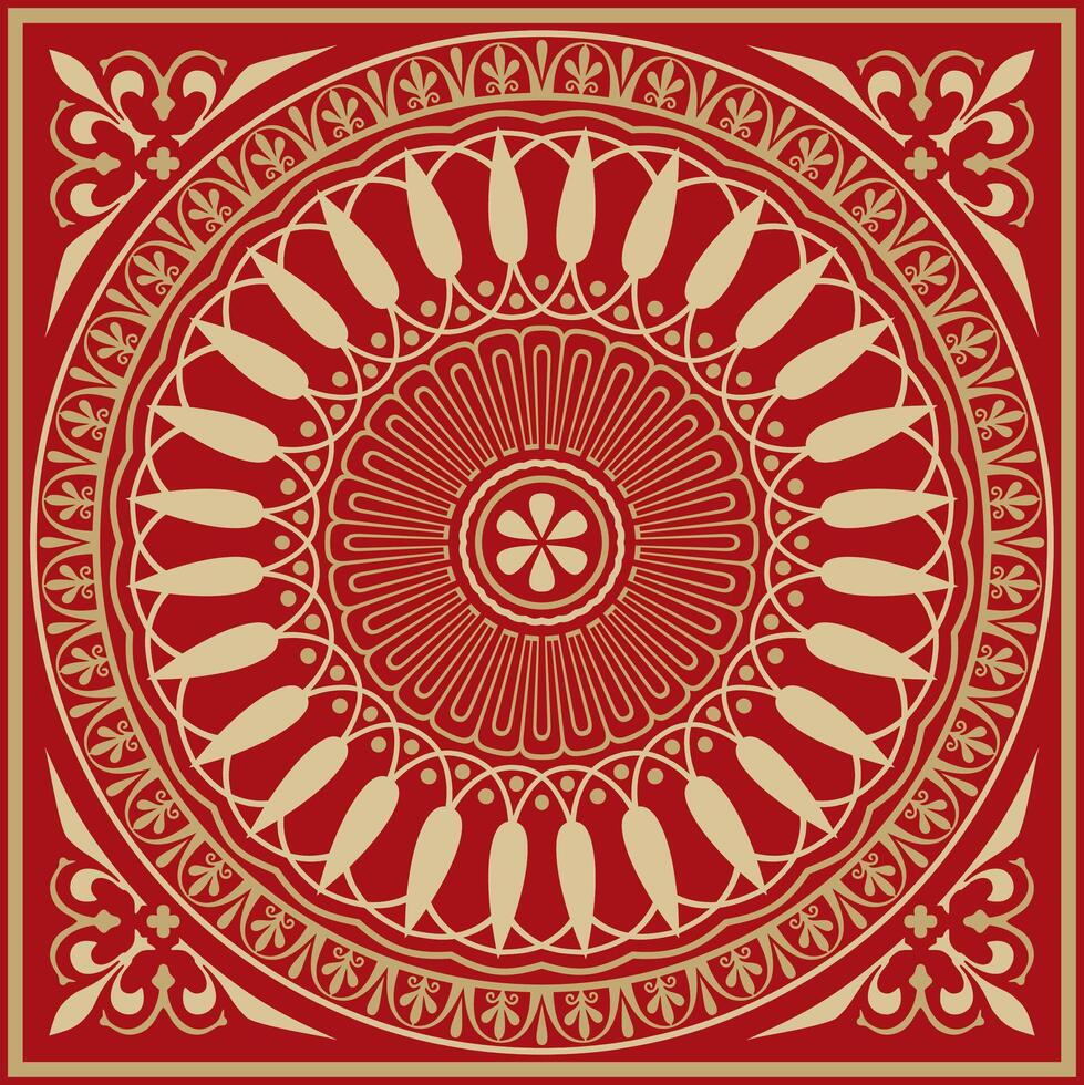 gold with red classic Greek square ornament. Rectangle of Ancient Greece and Roman Empire. Byzantine painting of walls, floors and ceilings. Decoration of European palaces vector