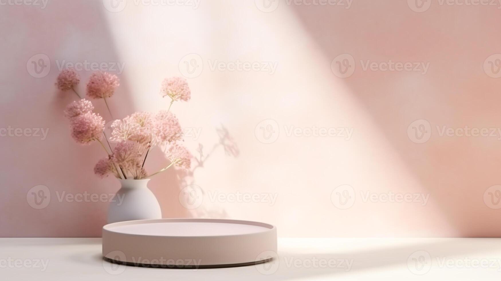 On a pink background, a podium next to flowers photo