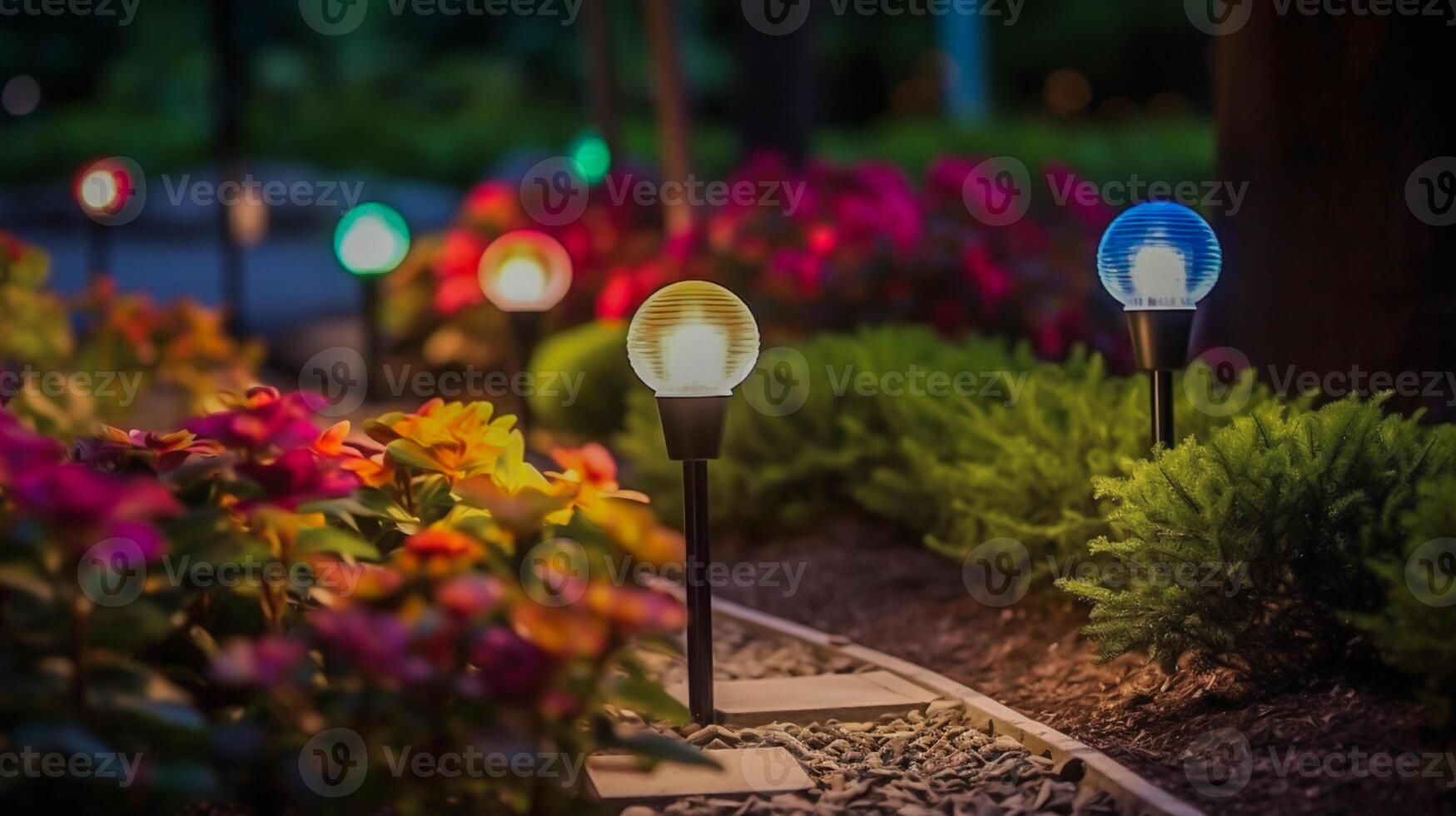 Outdoor Lanterns For Garden Design And Decoration Among Flowers photo