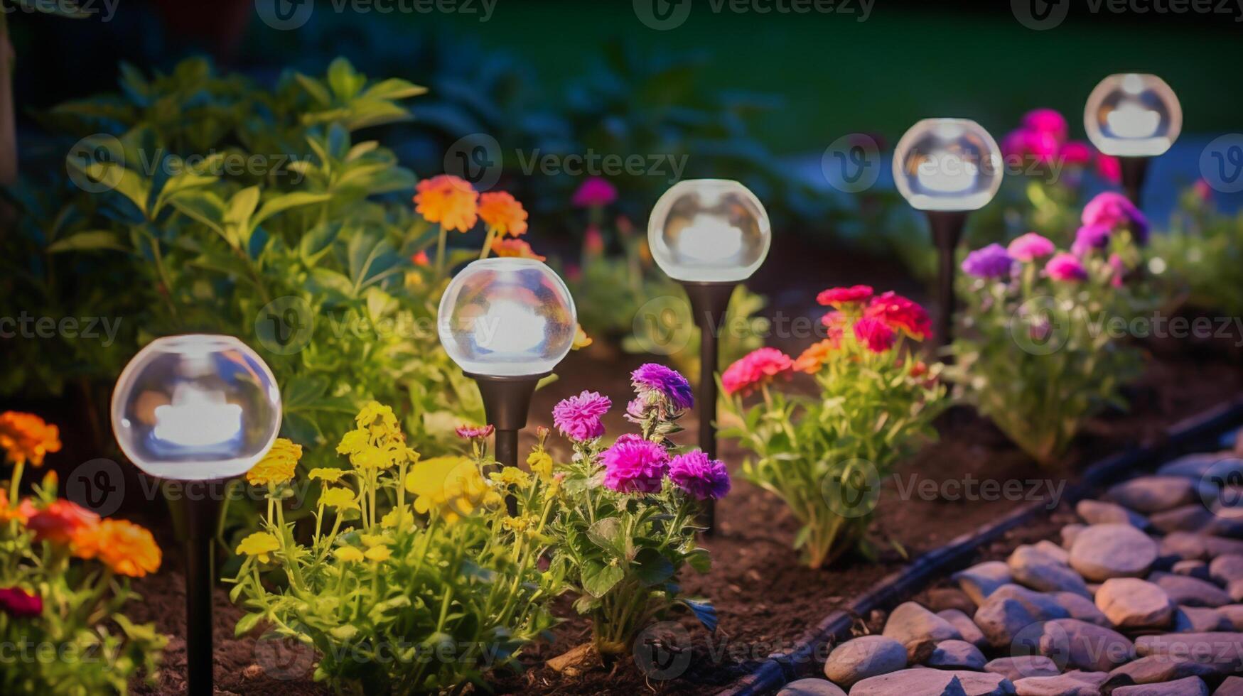 Outdoor Lanterns For Garden Design And Decoration Among Flowers photo