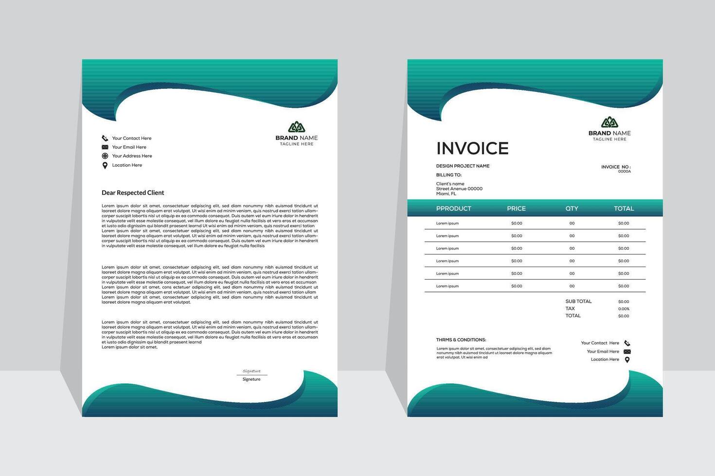 Creative abstract design, corporate company business letterhead and invoice template design with color and concept variation bundle. vector