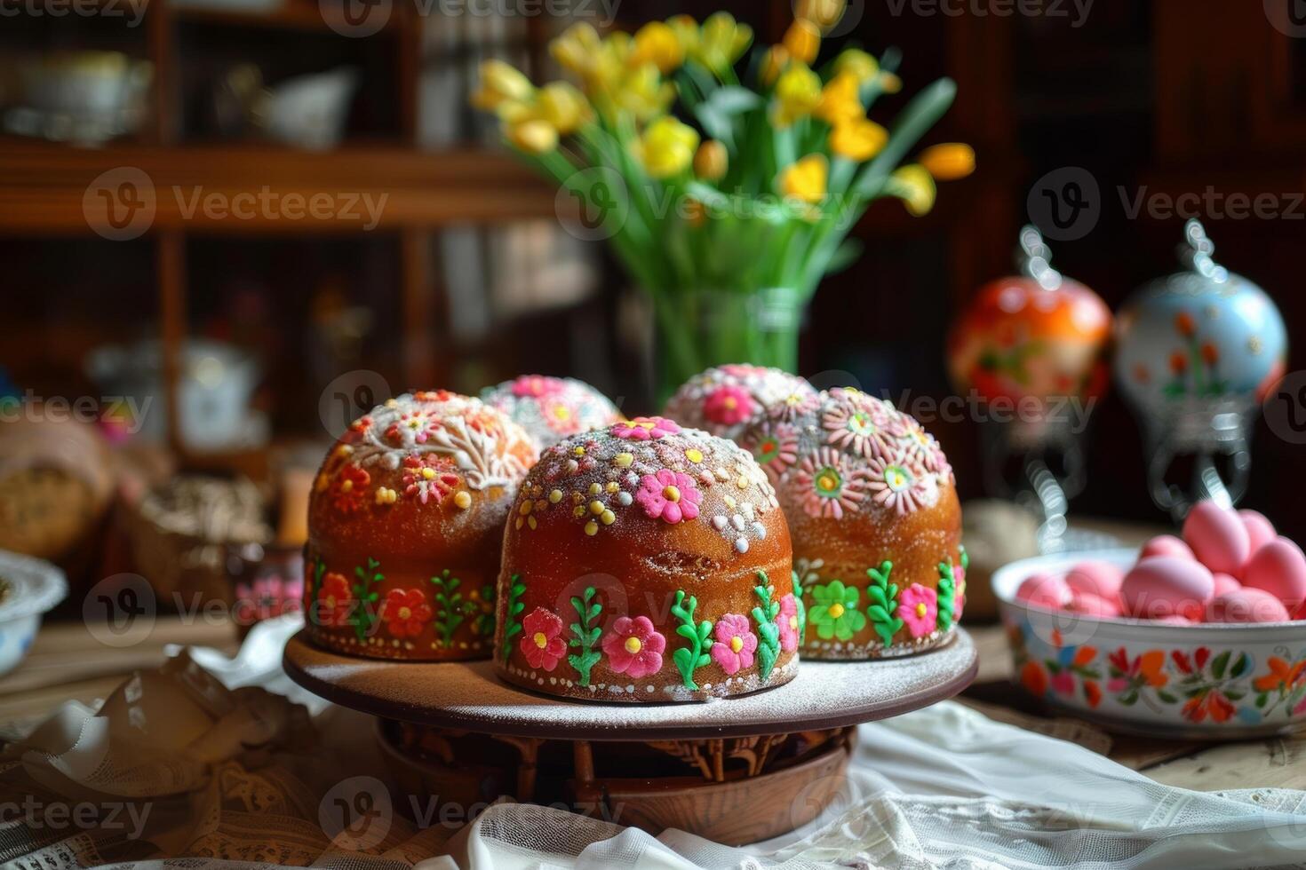 colourful decorated easter cakes photo