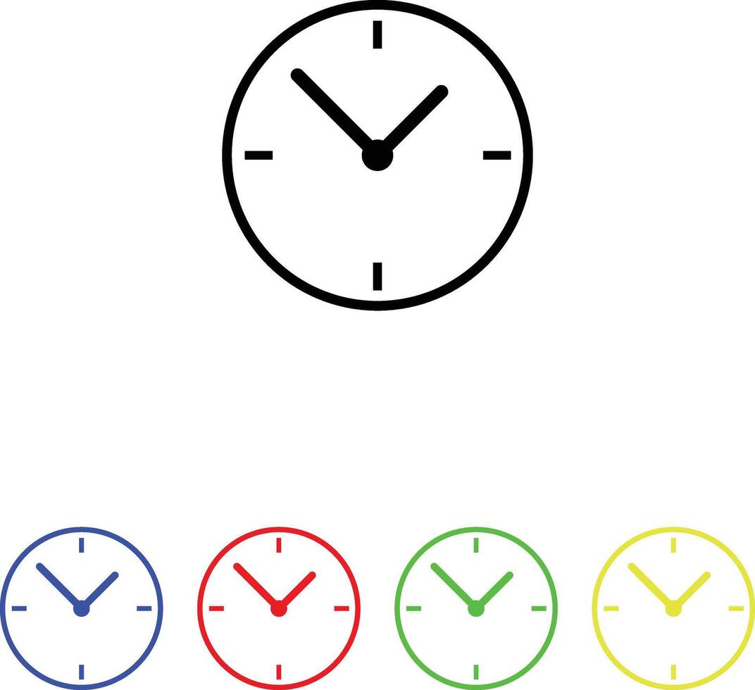 Clock icon. 5 different color. blue, yellow, red, green, black vector
