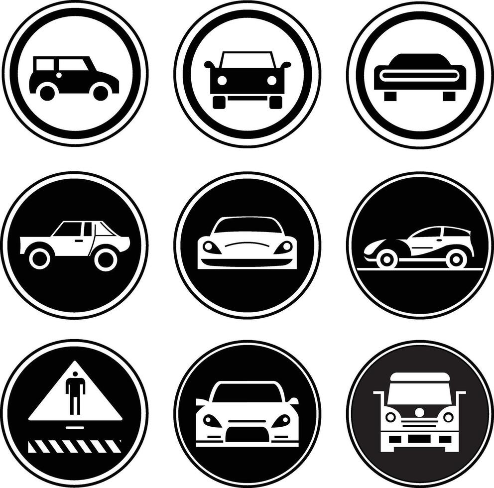 Traffic sign car black icons bundle set vector