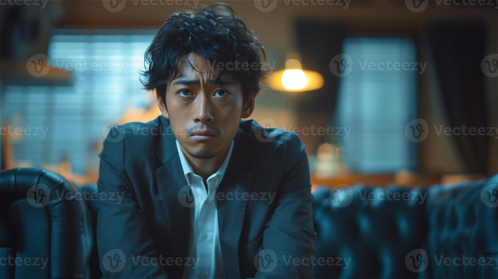 Worried young businessman sitting on the sofa photo