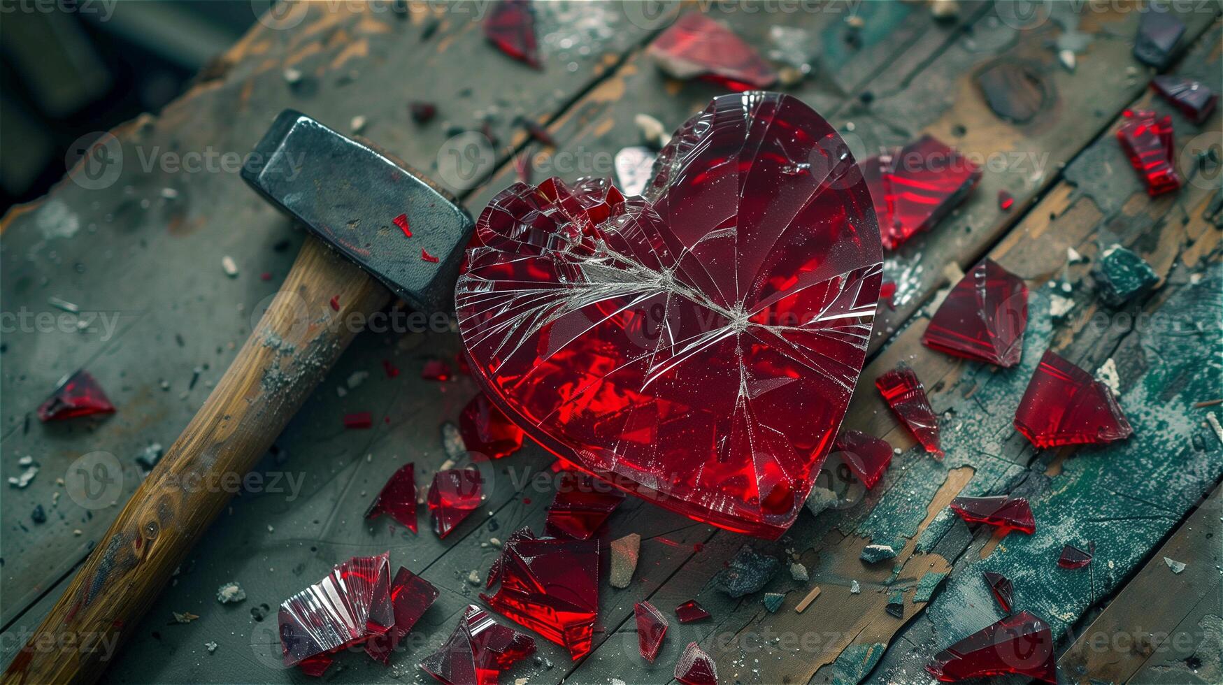 Shattered red glass heart with hammer photo