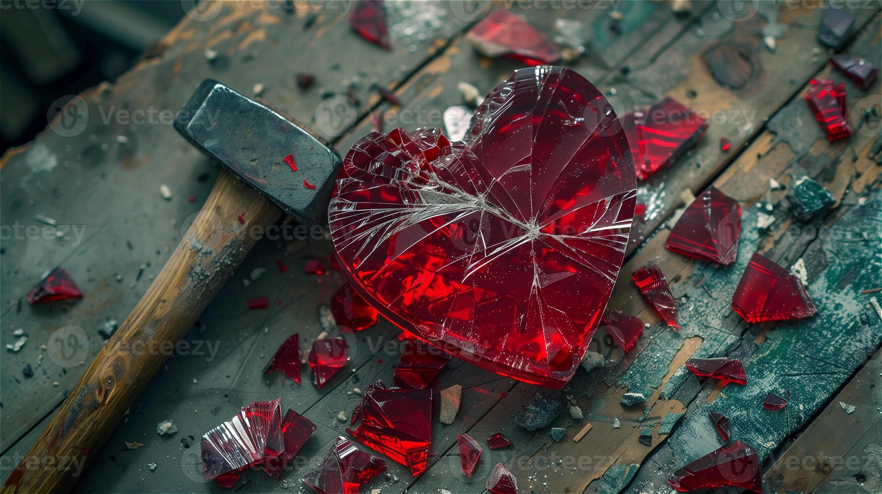 destrozado rojo vaso corazón con martillo foto