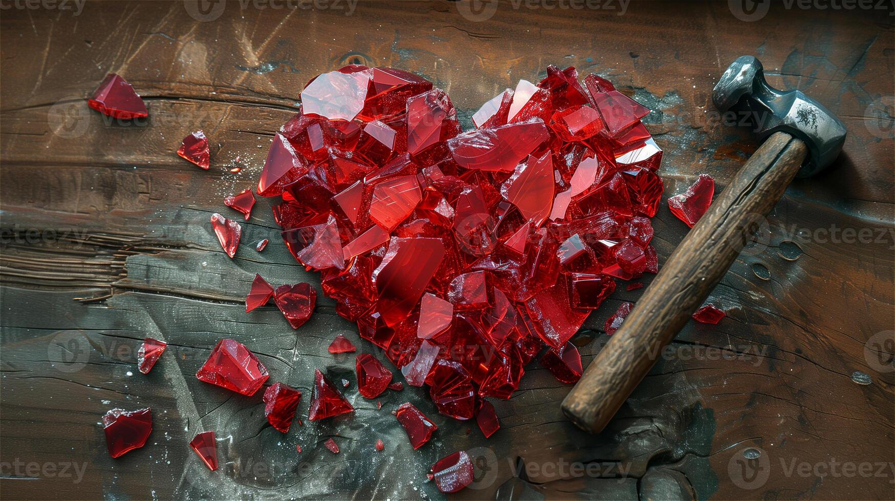 Shattered red glass heart with hammer photo