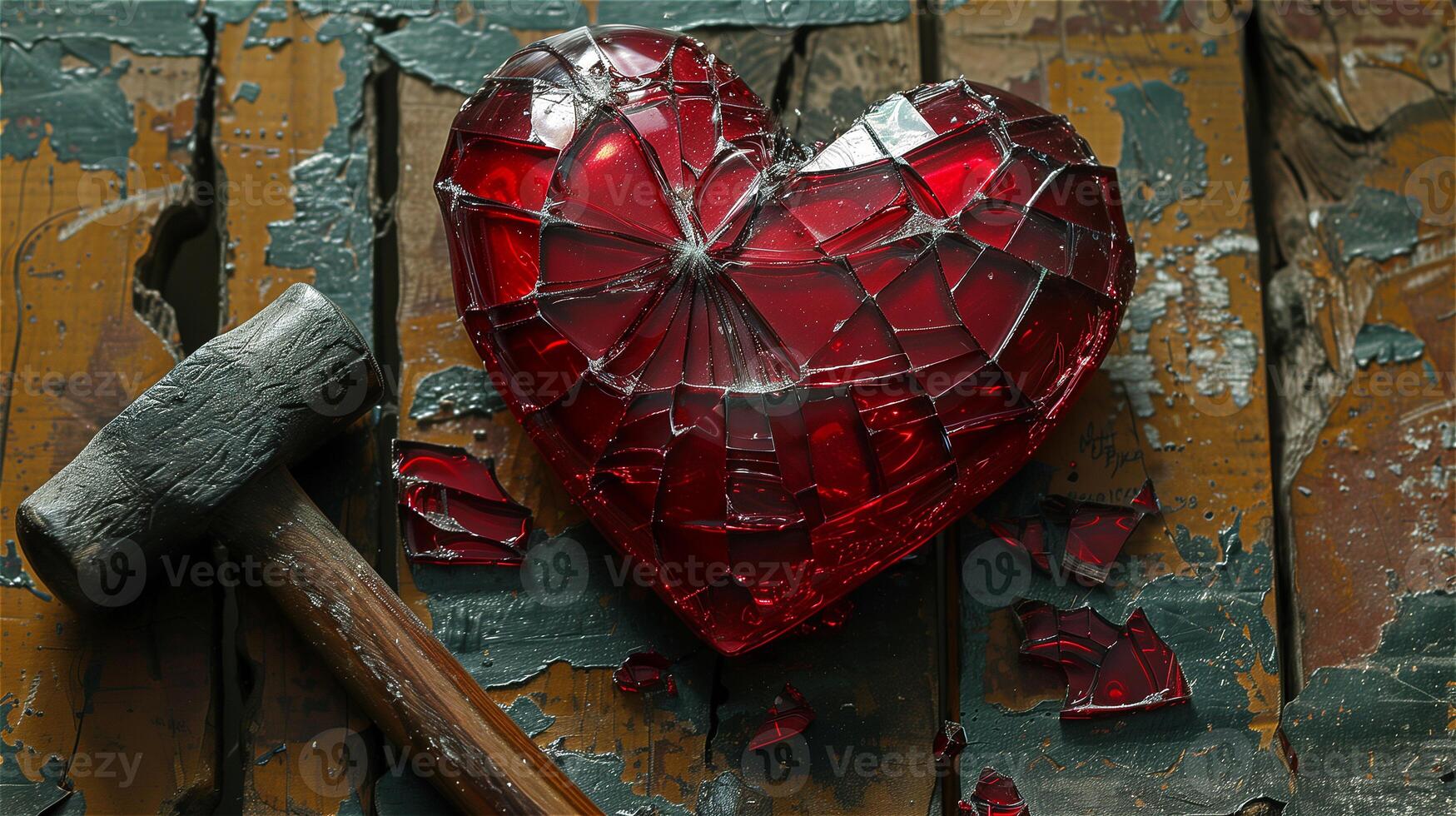 Shattered red glass heart with hammer photo