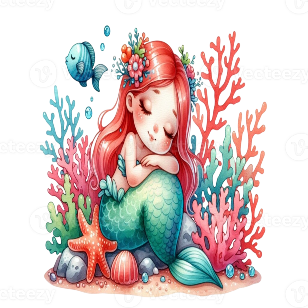 aigenerated little mermaid sleeping on the rocks png