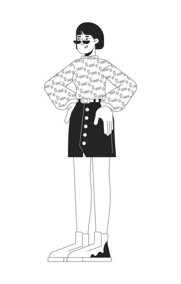 Happy asian woman in casual clothes black and white 2D line cartoon character. Korean female holding hands on hips isolated outline person. Youth lifestyle monochromatic flat spot illustration vector