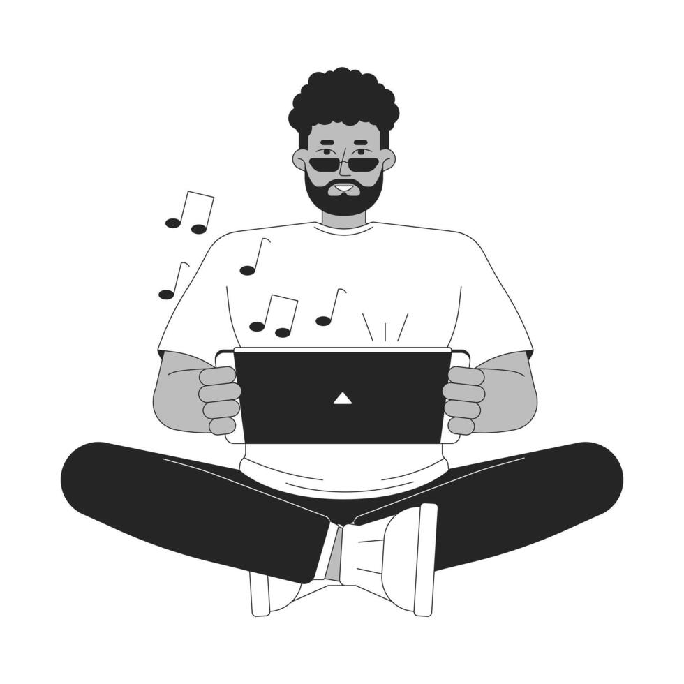 africano americano hombre disfrutando juego de azar consola negro y blanco 2d línea dibujos animados personaje. artilugio Gafas de sol hombre aislado contorno persona. Mano dispositivo jugador monocromo plano Mancha ilustración vector