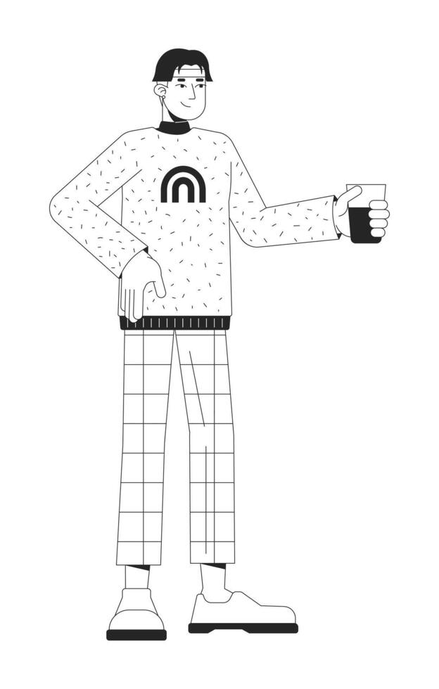 Cheerful asian man holding drink black and white 2D line cartoon character. Young male hanging out at party isolated outline person. Informal communication monochromatic flat spot illustration vector
