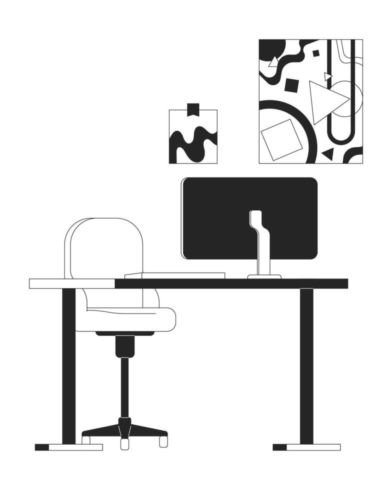 Freelancer workplace with computer black and white 2D line cartoon object. Pc desk and hanging paintings isolated outline items. Home office interior monochromatic flat spot illustration vector