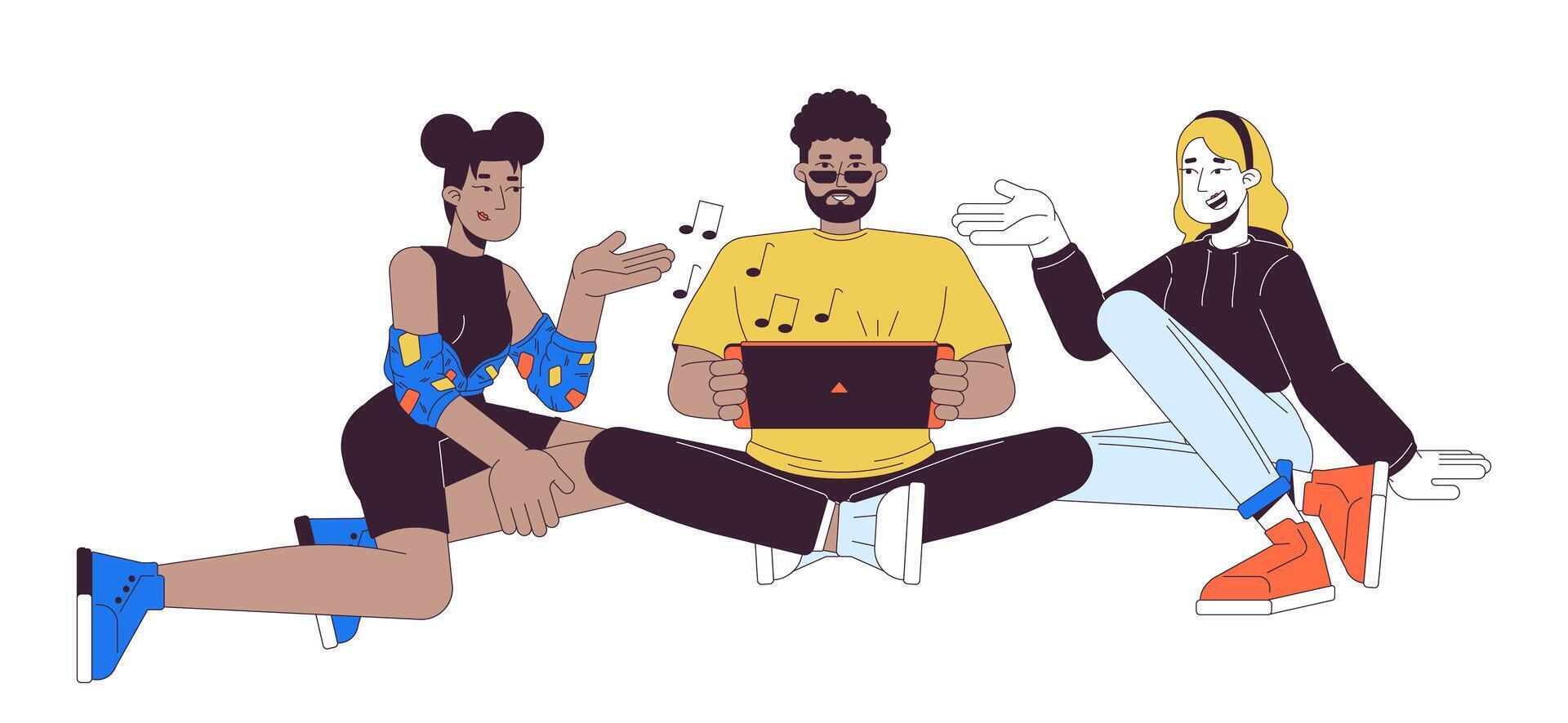 Friends playing game together 2D linear cartoon characters. Multicultural young adults isolated line people white background. Black guy with game console color flat spot illustration vector