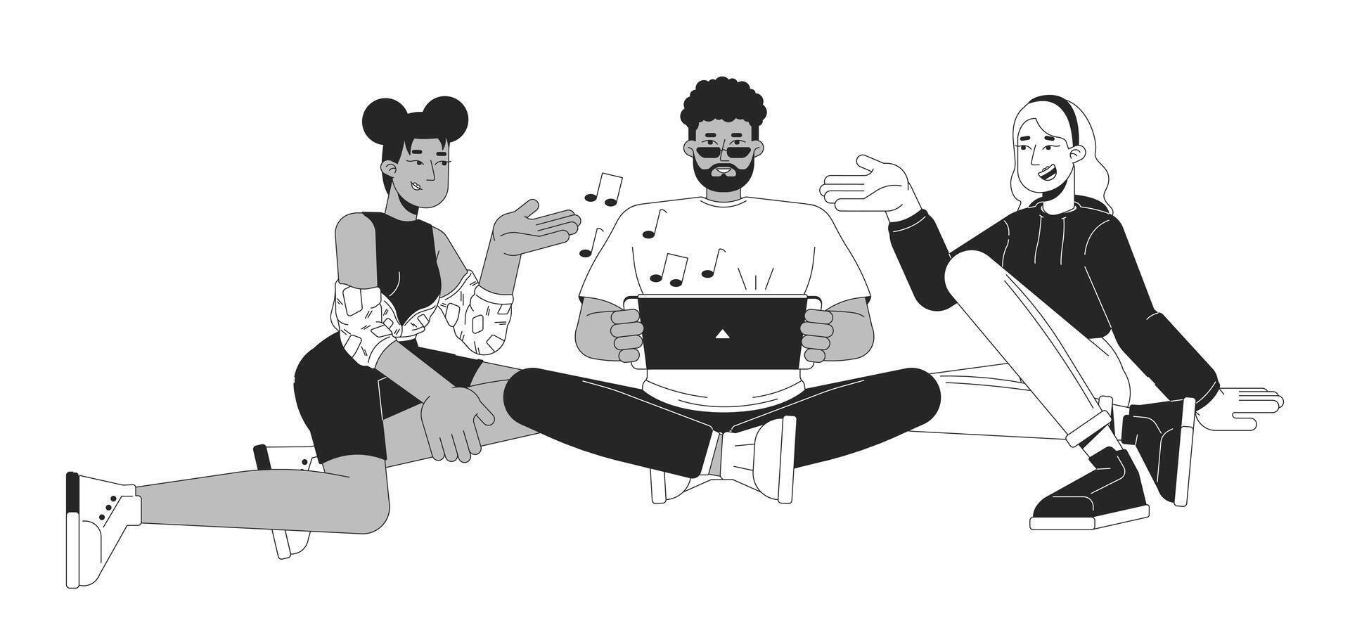 amigos jugando juego juntos negro y blanco 2d línea dibujos animados caracteres. multicultural joven adultos aislado contorno gente. negro chico con consola monocromo plano Mancha ilustración vector