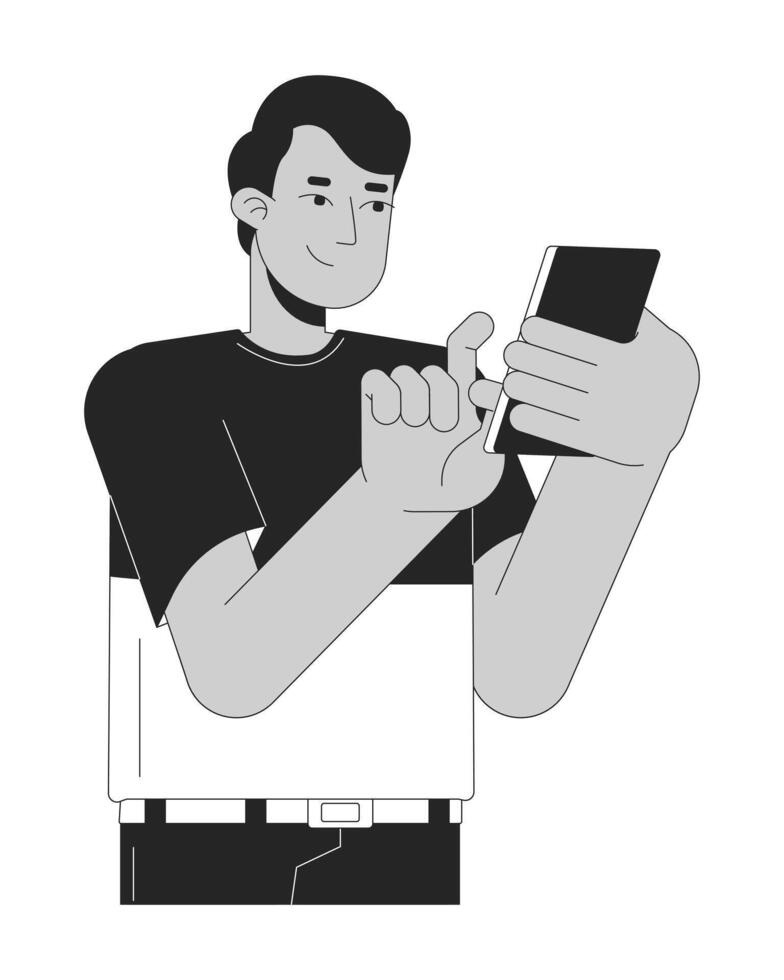 Happy indian man touching phone black and white 2D line cartoon character. South asian male using smartphone isolated outline person. Guy on cellphone monochromatic flat spot illustration vector