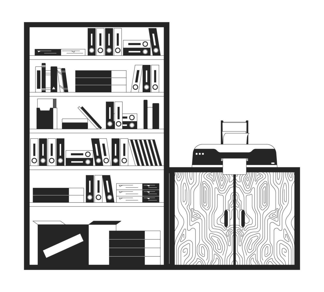 Bookcase and cabinet with printer black and white 2D line cartoon object. Minimalist office furniture isolated outline items. Room furnishing idea monochromatic flat spot illustration vector