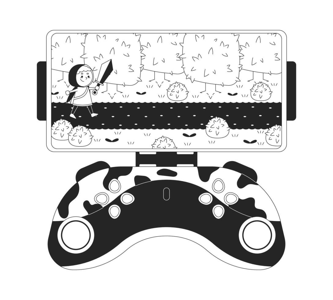 Arcade game on smartphone gamepad black and white 2D line cartoon object. Cellphone gaming joystick isolated outline item. Adventure game knight sword monochromatic flat spot illustration vector