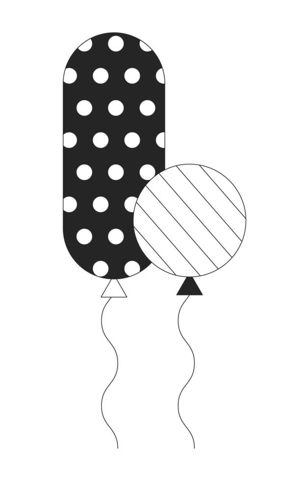 Floating helium balloons for birthday party black and white 2D line cartoon object. Entertainment decor isolated outline item. Holiday celebration baloons monochromatic flat spot illustration vector