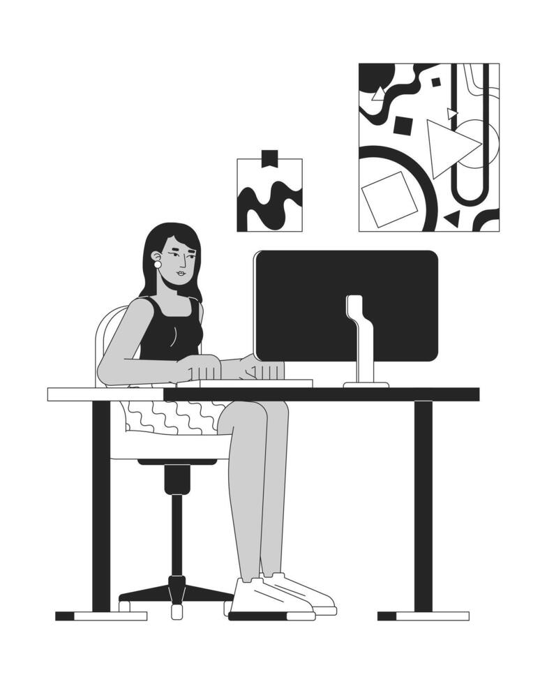 Indian female at office workplace black and white 2D line cartoon character. South asian woman working on computer isolated outline person. Corporate work monochromatic flat spot illustration vector