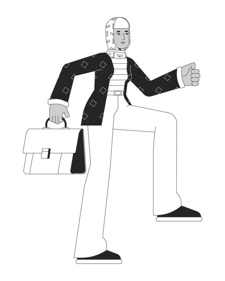 Muslim woman career ladder black and white 2D line cartoon character. Corporate female employee with briefcase isolated outline person. Promotion monochromatic flat spot illustration vector
