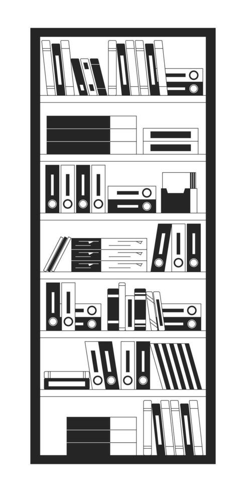 estantería unidad con archivos y carpetas 2d lineal dibujos animados objeto. librero en oficina aislado línea elemento blanco antecedentes. documentos almacenamiento mueble monocromo plano Mancha ilustración vector