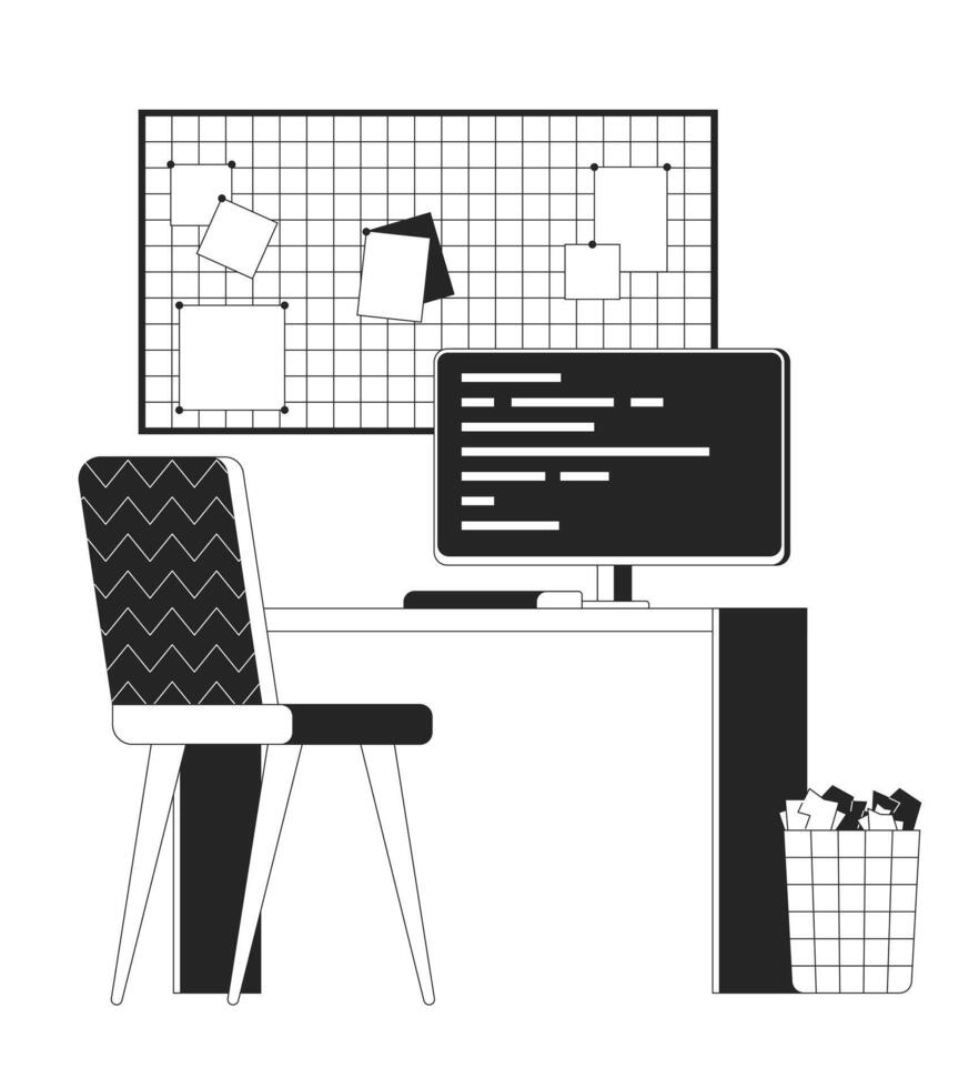 Office worker desk with computer black and white 2D line cartoon object. Comfortable workplace with pc isolated outline items. Workspace interior decor monochromatic flat spot illustration vector