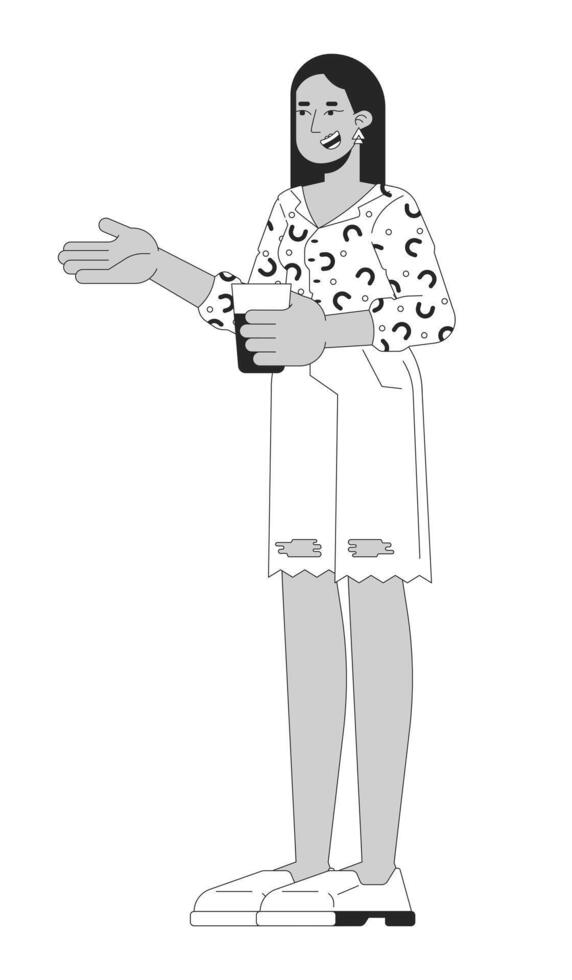 Happy woman with drink talking black and white 2D line cartoon character. Arab female enjoying party isolated outline person. Chilling out event visiting monochromatic flat spot illustration vector