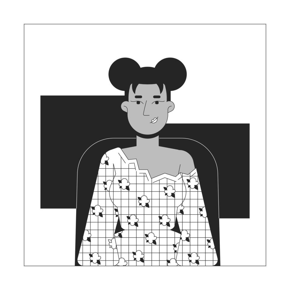 bonito negro mujer sentado en silla negro y blanco 2d línea dibujos animados personaje. hembra oficina empleado a lugar de trabajo aislado contorno persona. conferencia monocromo plano Mancha ilustración vector