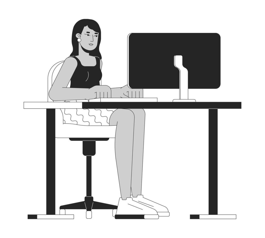 joven mujer sentado a computadora negro y blanco 2d línea dibujos animados personaje. indio hembra oficina trabajador aislado contorno persona. acogedor corporativo lugar de trabajo monocromo plano Mancha ilustración vector