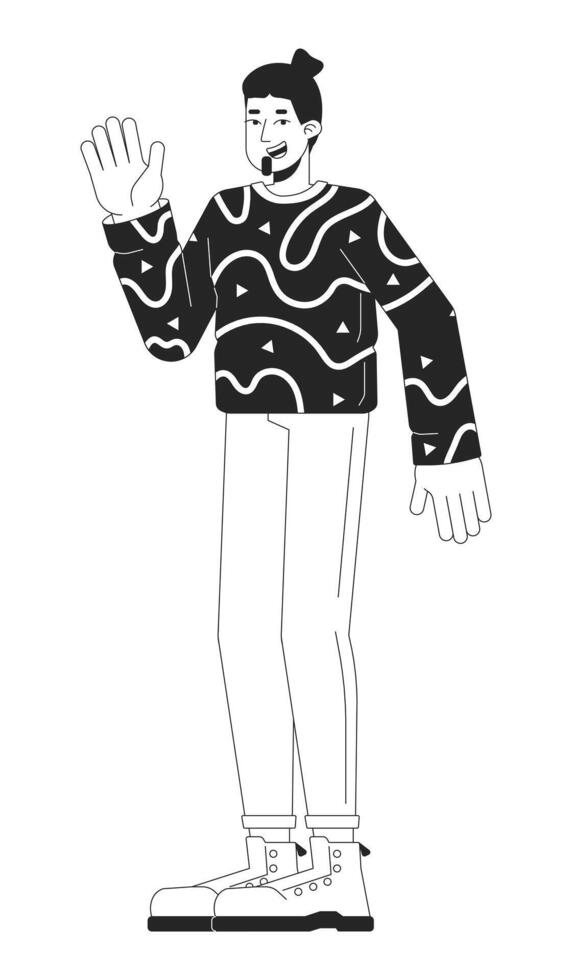 Goodbye waving man in autumn outfit black and white 2D line cartoon character. Caucasian guy hello wave isolated outline person. Welcome gesturing male monochromatic flat spot illustration vector