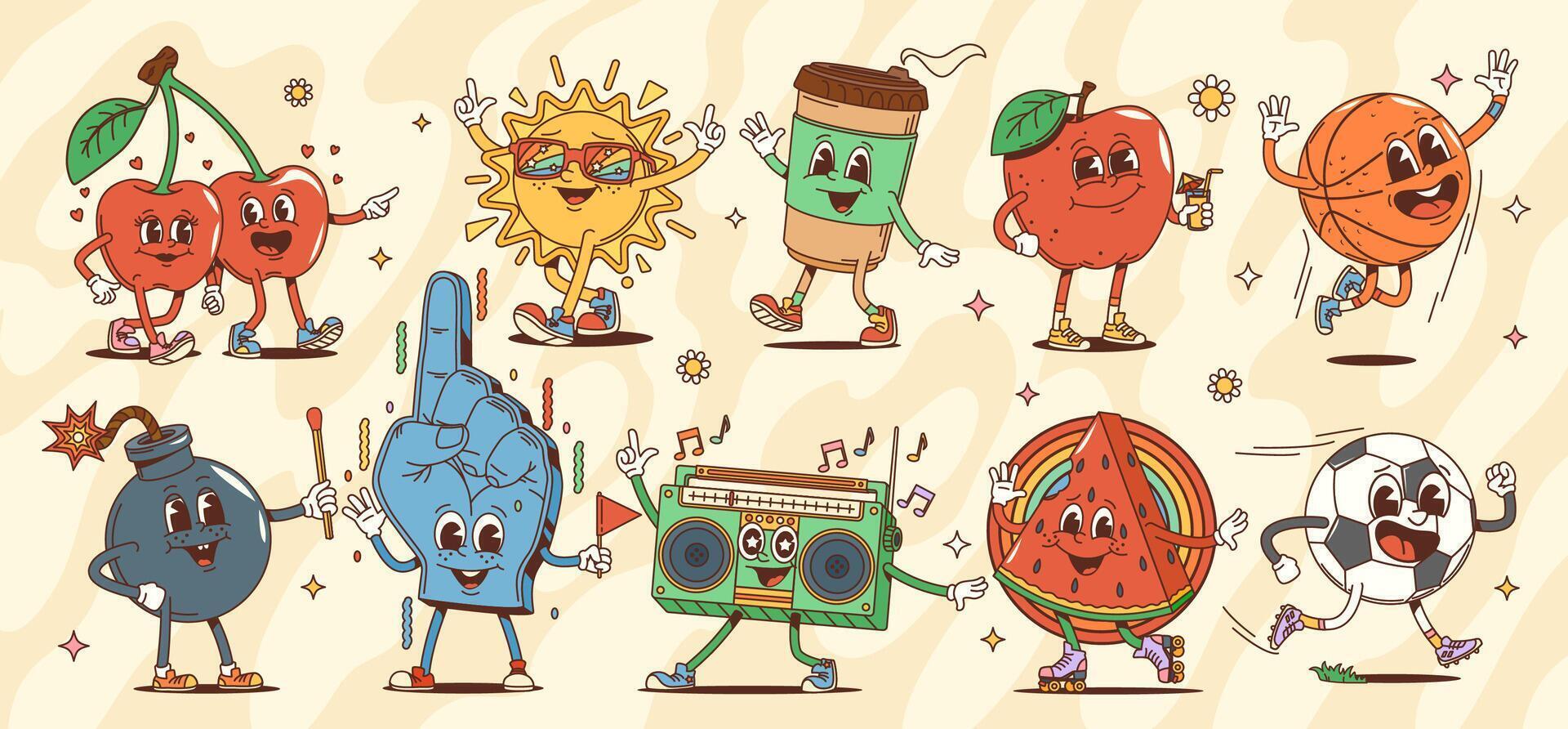 Cartoon groovy characters, set of funky personages vector