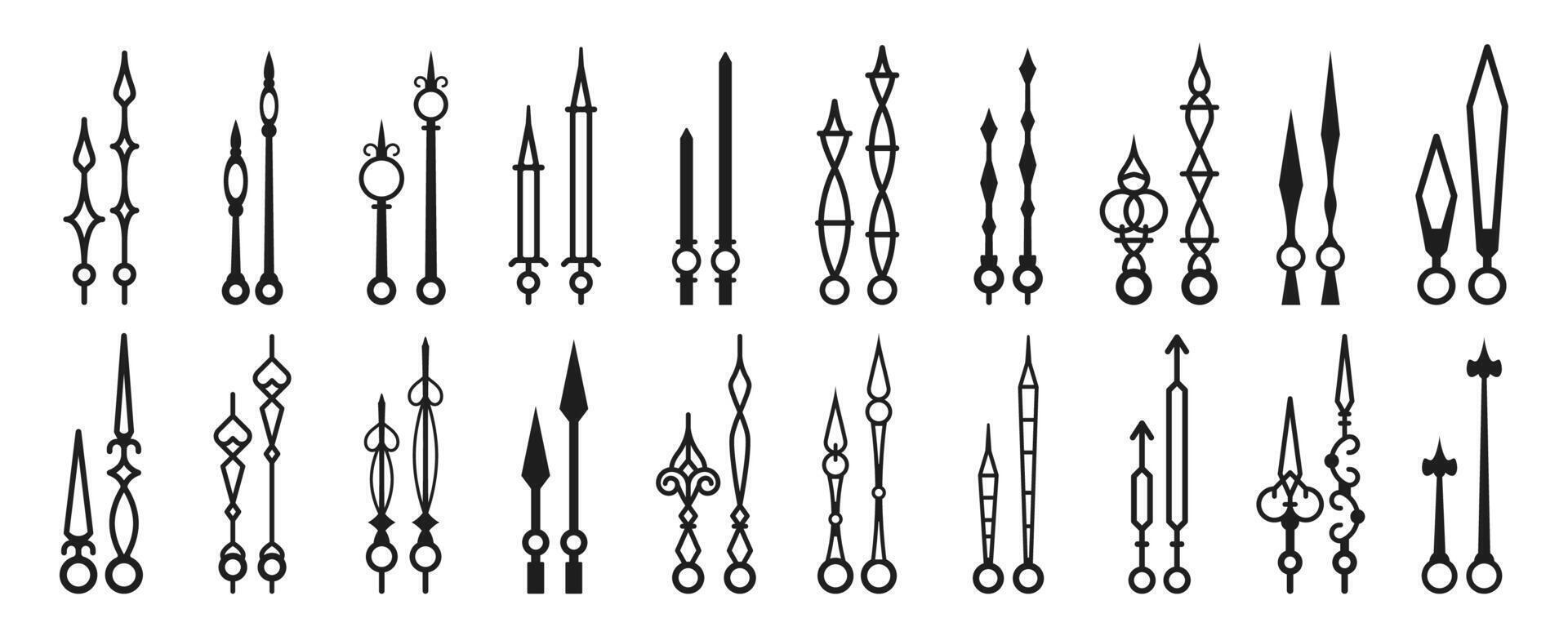 Clock hands, isolated watch arrows, time pointers vector