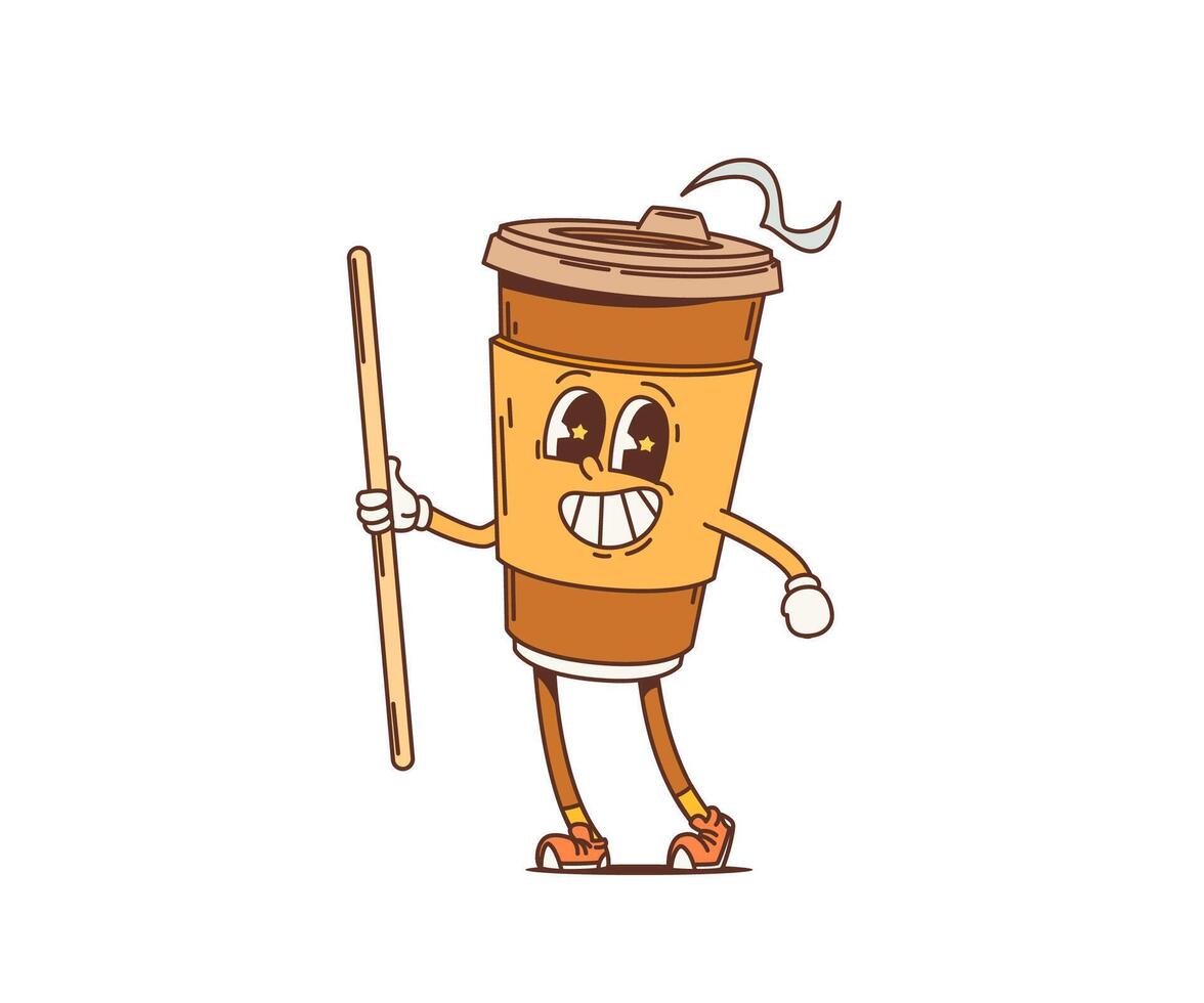 Cartoon retro coffee drink cup groovy character vector