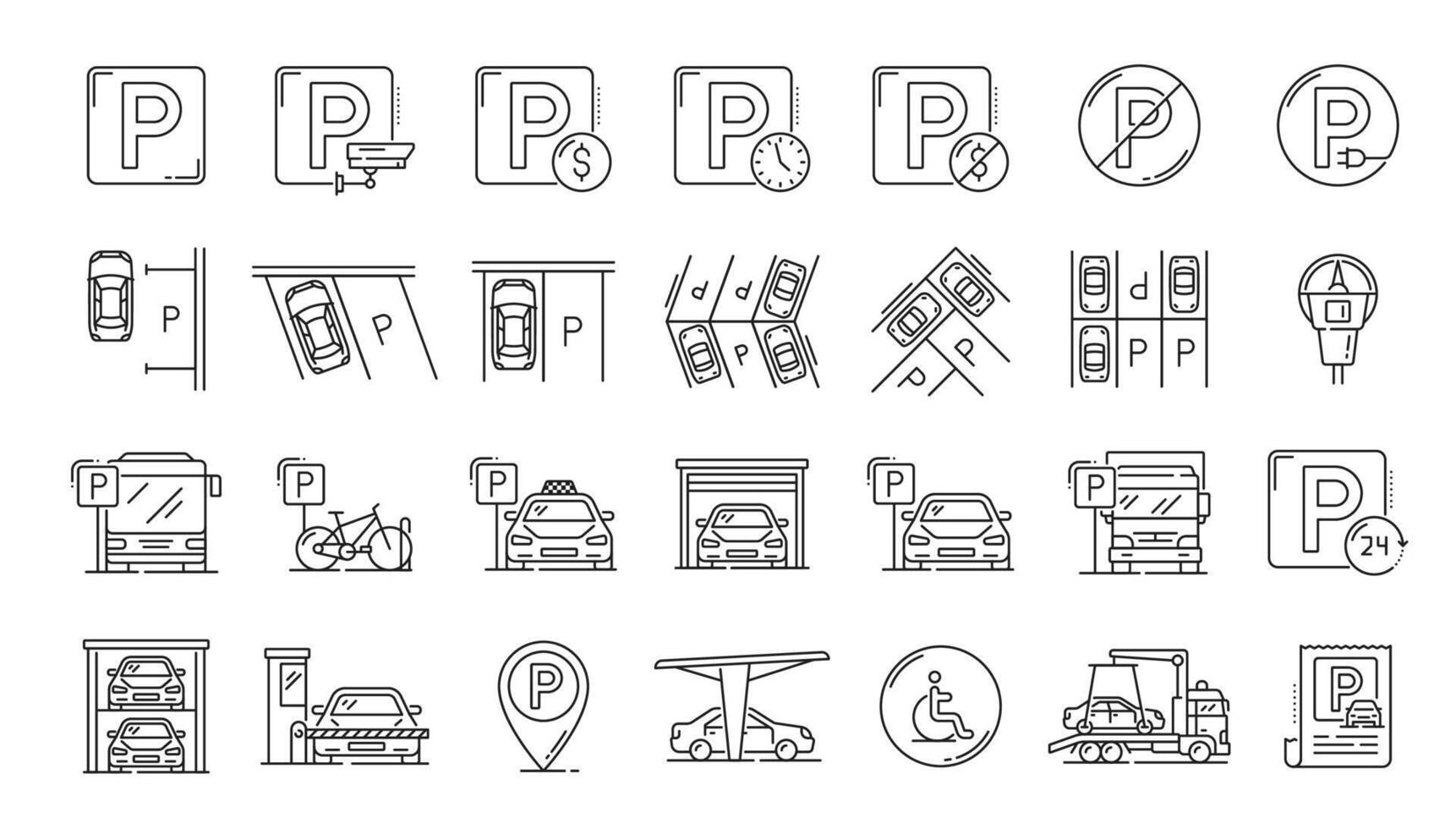 automático garaje Servicio y estacionamiento línea íconos vector