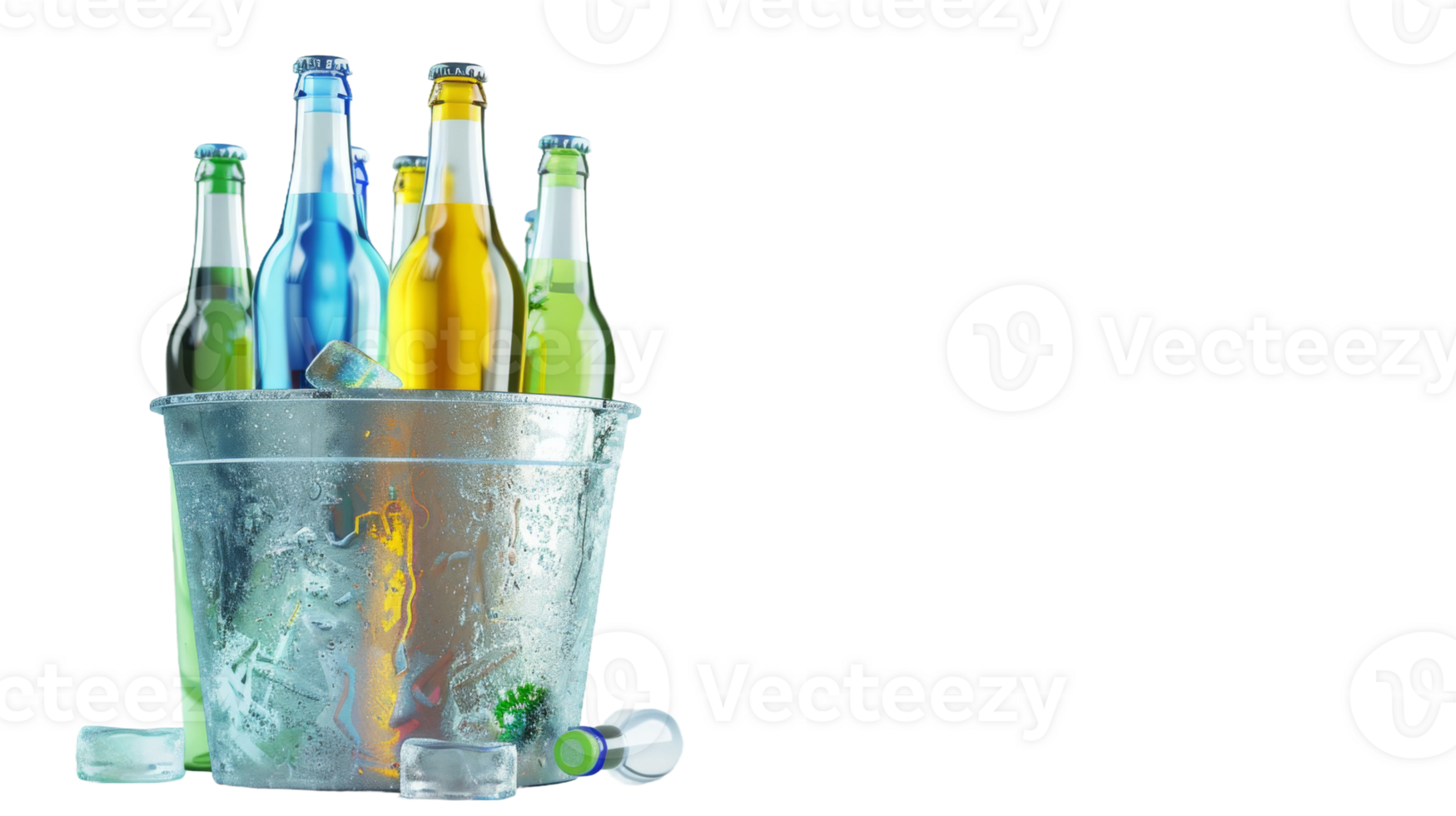 Bottles of in ice bucket cooler isolated on the transparent background, Format png