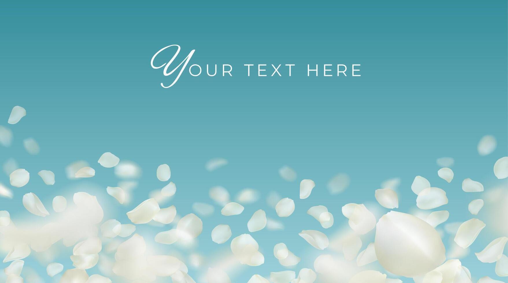 Flying realistic white rose petals on blue sky background. editable template with place for your text. Volumetric falling blurred petal and copy space for wallpaper, banner. Blur effect. vector