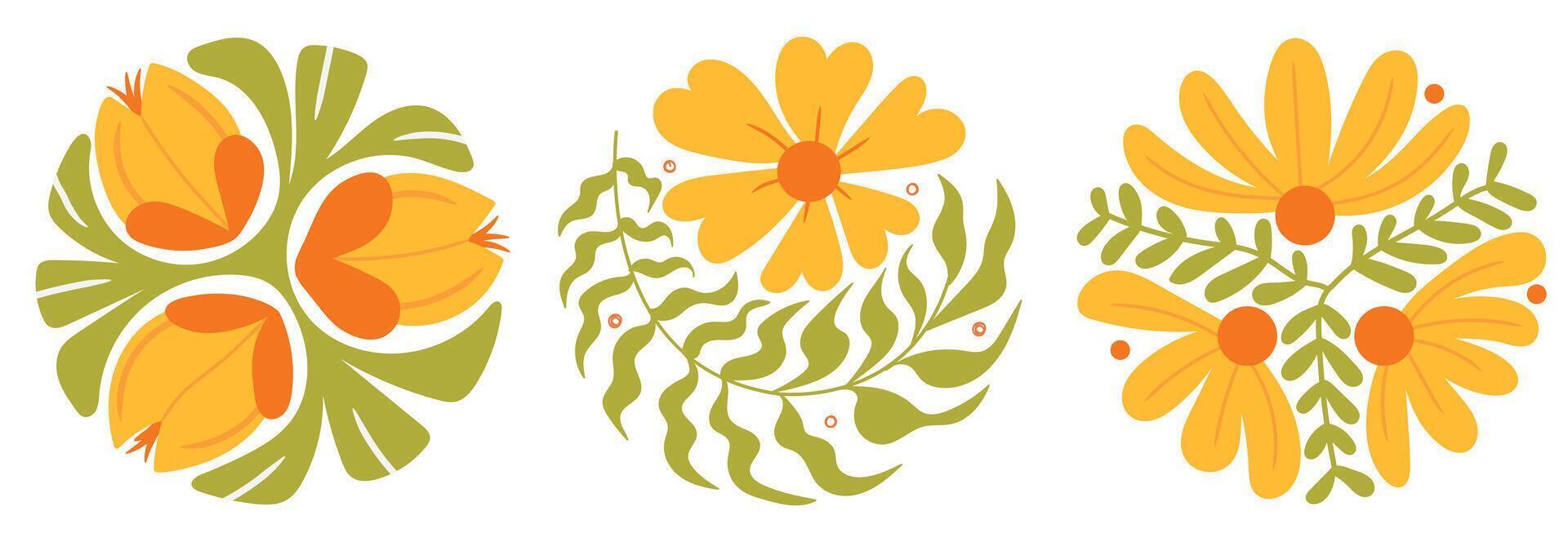 conjunto de botánico floral circulo forma. resumen amarillo flores en de moda ingenuo retro hippie 60s 70s estilo. moderno florecer ramo. vector