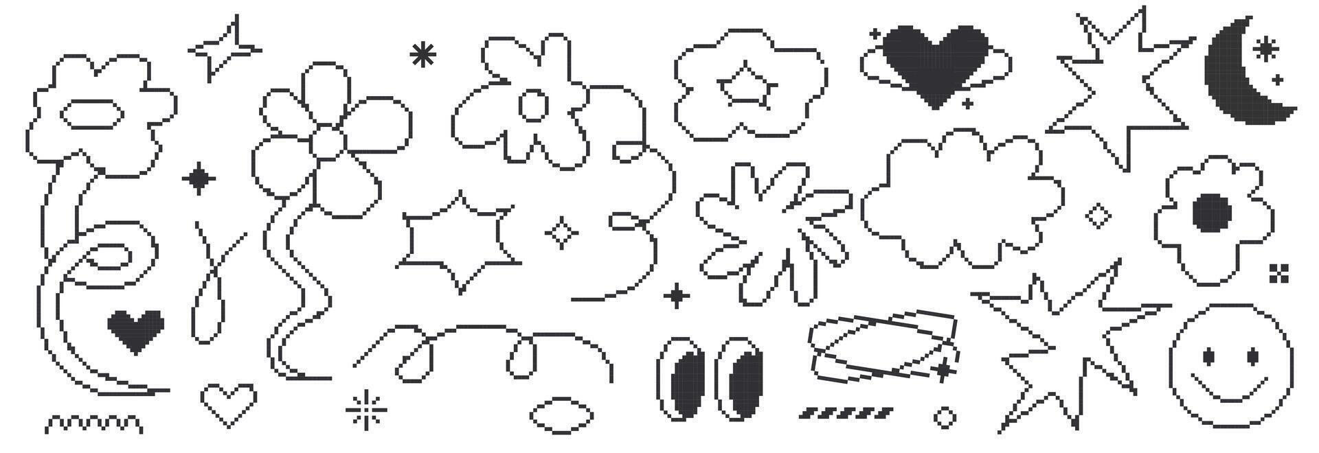 Set of pixel organic shape and flowers. Abstract cloud stars elements. Modern aesthetic line elements in retro y2k style. vector